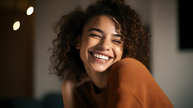 Foto uma mulher com um sorriso no rosto