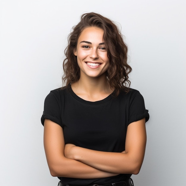 Uma mulher com um sorriso que diz "ela está sorrindo".