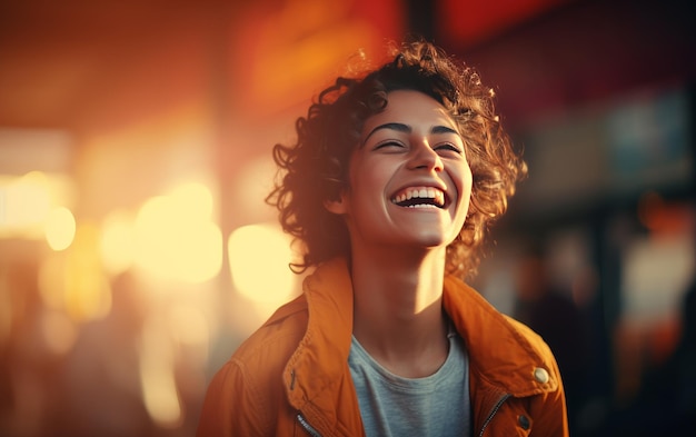 Uma mulher com um sorriso radiante olha para o céu em risada alegre