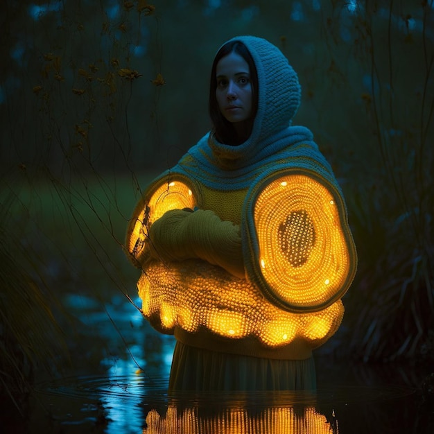 Uma mulher com um suéter com uma luz brilhante sobre ele