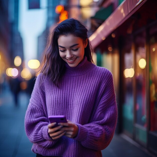 uma mulher com um suéter roxo está enviando mensagens de texto em seu telefone