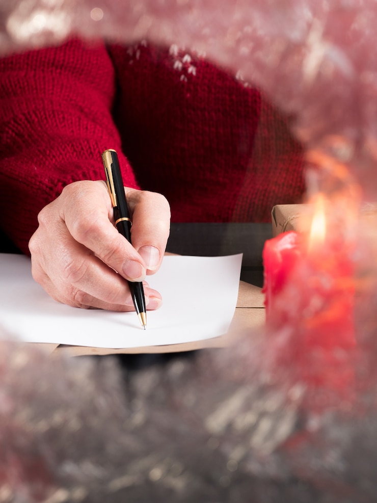 Foto uma mulher com um suéter vermelho escreve uma carta para um envelope atrás de um vidro congelado. férias de natal.