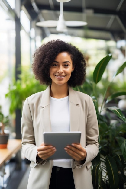 Foto uma mulher com um tablet em suas mãos está segurando um tablet com plantas no fundo