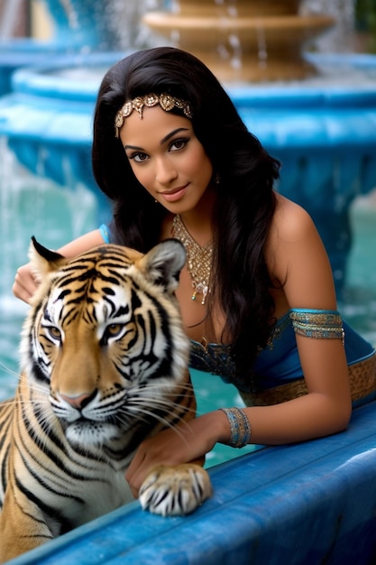 Uma mulher com um tigre na mão