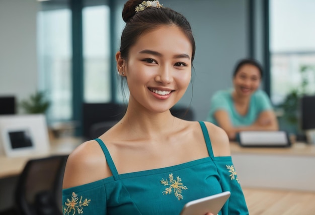 Uma mulher com um top azul-azul sorri com confiança com um tablet na mão em um ambiente de escritório outro