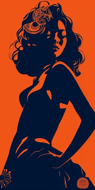 Uma mulher com um top azul e cabelo preto está em pé na frente de um fundo laranja.