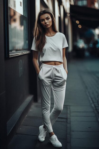 Uma mulher com um top branco e calças brancas está em uma rua em Londres.