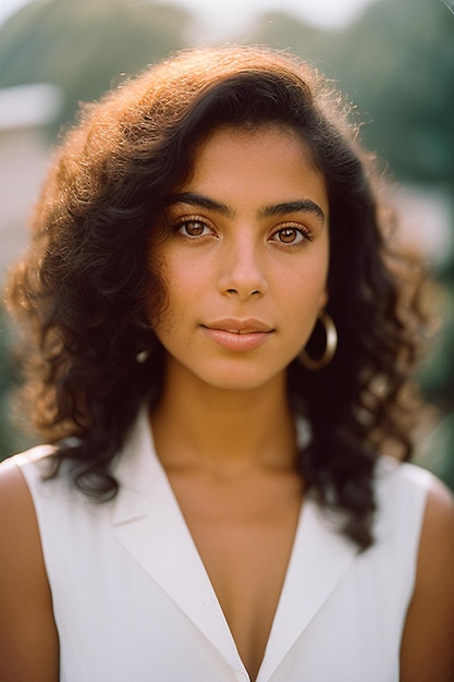 Foto uma mulher com um top branco e um top branco fica na frente de um fundo verde.