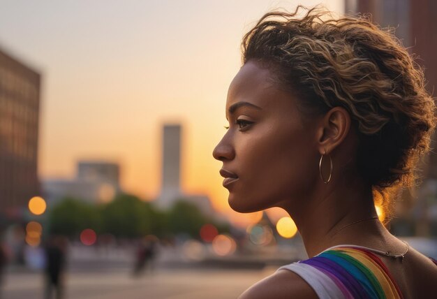 Uma mulher com um top colorido reflete durante um pôr-do-sol da cidade o humor é contemplativo e sereno