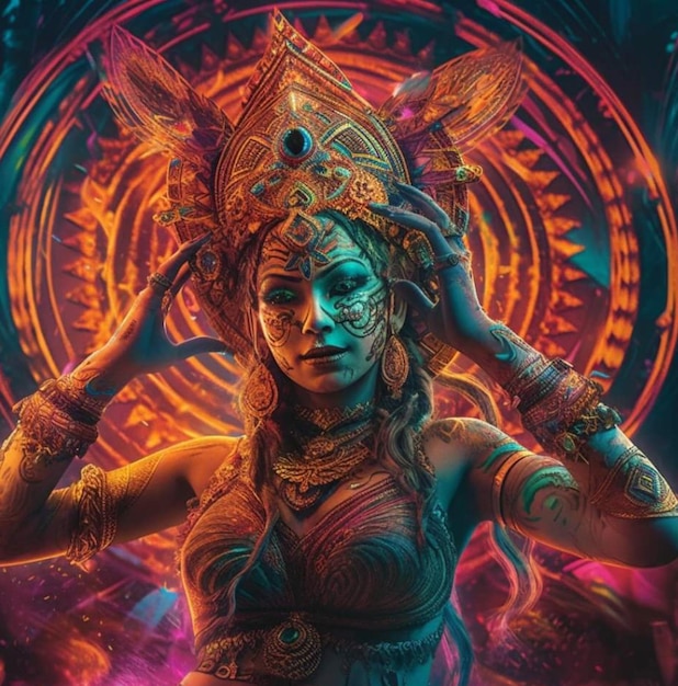 Uma mulher com um traje colorido fica em frente a um pôster colorido que diz 'a deusa do universo'