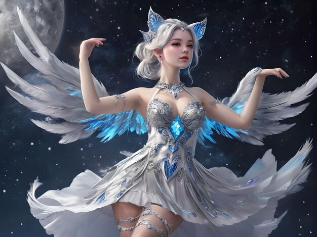 uma mulher com um traje de anjo com asas que dizem anjo