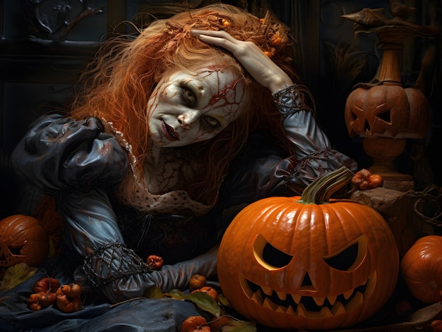 Uma mulher com um traje de Halloween posa ao lado de uma abóbora