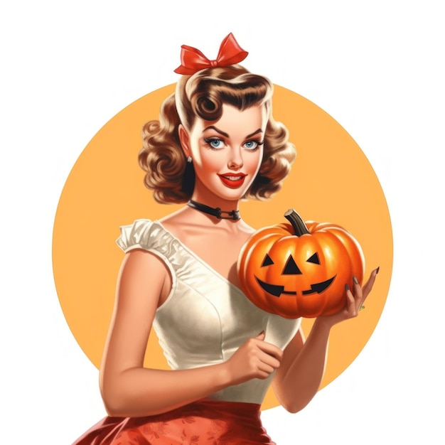 Uma mulher com um traje de Halloween segura uma abóbora.