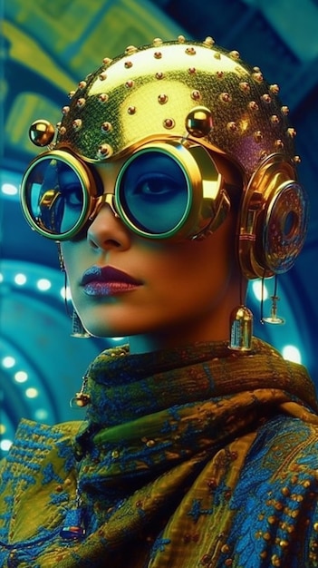 Uma mulher com um traje estilo steampunk com óculos e um chapéu estilo steampunk.