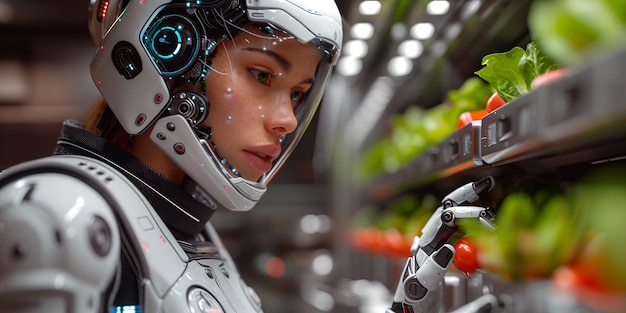 Foto uma mulher com um traje futurista de alta tecnologia trabalhando em um laboratório de pesquisa para o cultivo de legumes no espaço