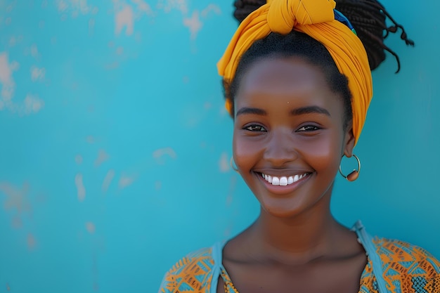 Uma mulher com um turbal amarelo e um fundo azul