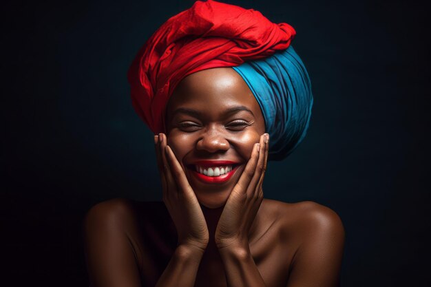 Uma mulher com um turbante colorido na cabeça