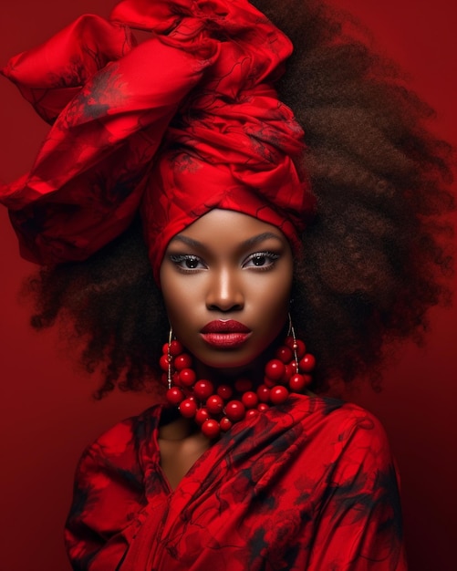 Uma mulher com um turbante vermelho na cabeça e um chapéu vermelho com flores vermelhas.