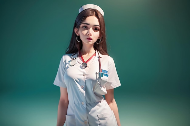 Uma mulher com um uniforme branco de enfermeira com um estetoscópio no pescoço fica em frente a um fundo verde.