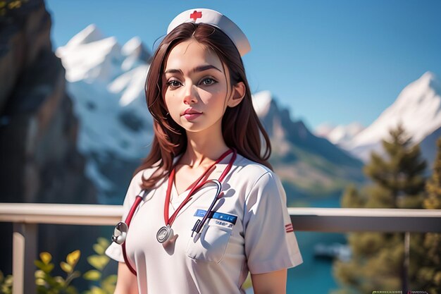 Uma mulher com um uniforme branco de enfermeira está parada em frente a uma montanha.