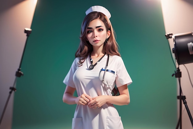Uma mulher com um uniforme branco de enfermeira fica na frente de um fundo verde.