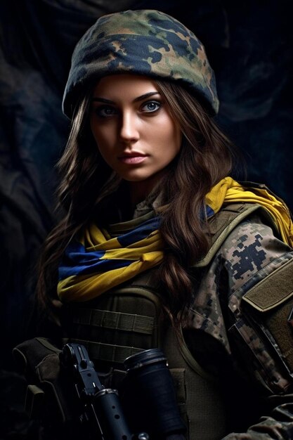 uma mulher com um uniforme militar e um lenço amarelo e azul