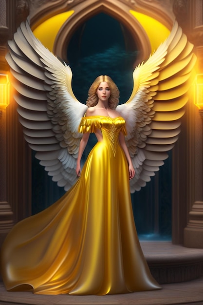 Uma mulher com um vestido amarelo com a palavra anjo