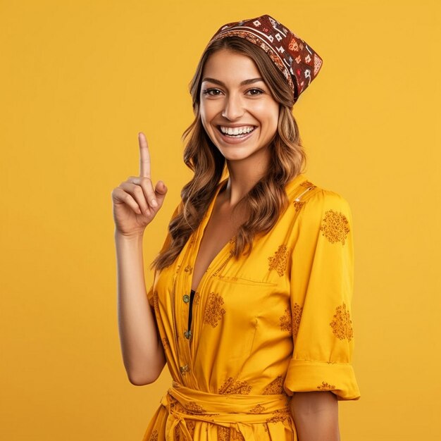 uma mulher com um vestido amarelo com fundo amarelo