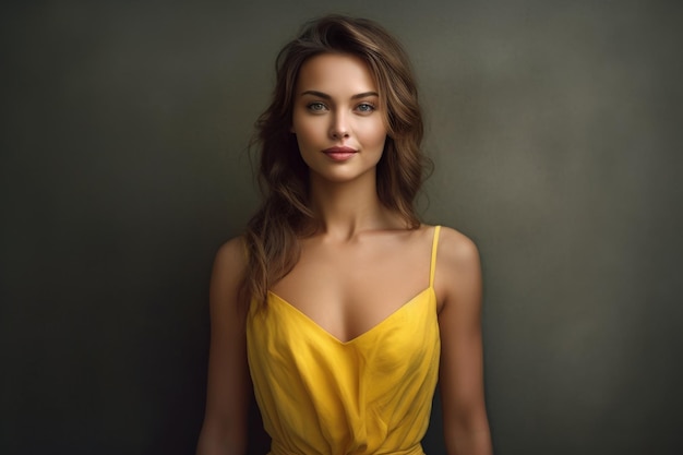 Uma mulher com um vestido amarelo está de pé contra um fundo escuro.