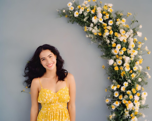 Uma mulher com um vestido amarelo está em frente a um grande arco floral.