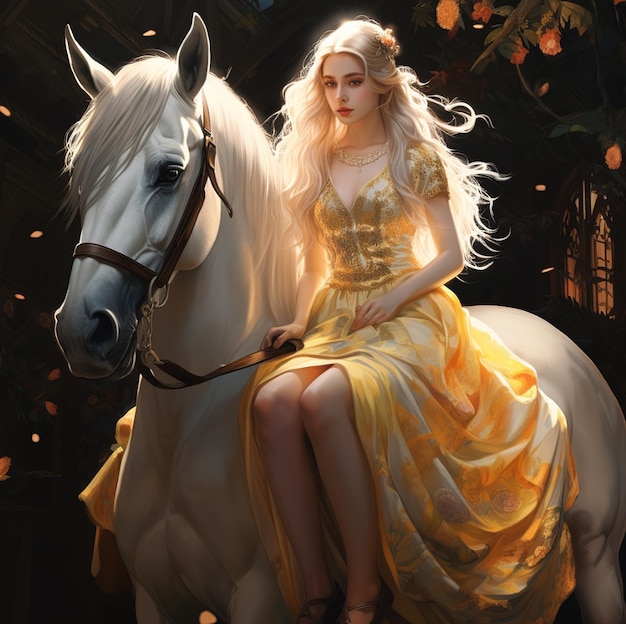 uma mulher com um vestido amarelo está montando um cavalo branco.