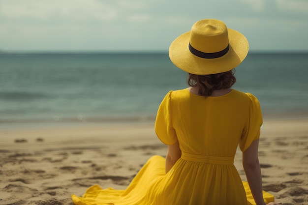 Uma mulher com um vestido amarelo senta-se na praia e olha para o mar.