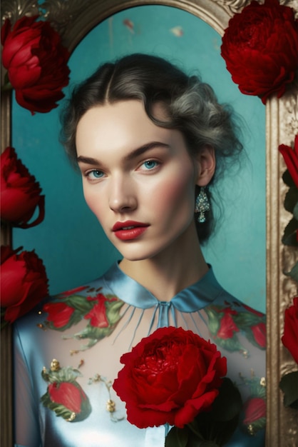 Uma mulher com um vestido azul com rosas vermelhas na parte inferior.