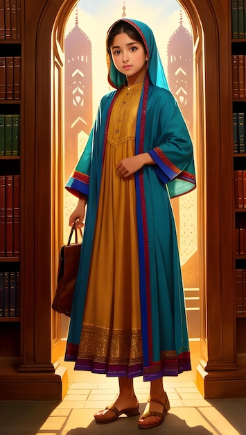 Uma mulher com um vestido azul e amarelo está em frente a uma estante de livros.