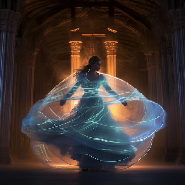 uma mulher com um vestido azul e uma luz azul nas costas está dançando.