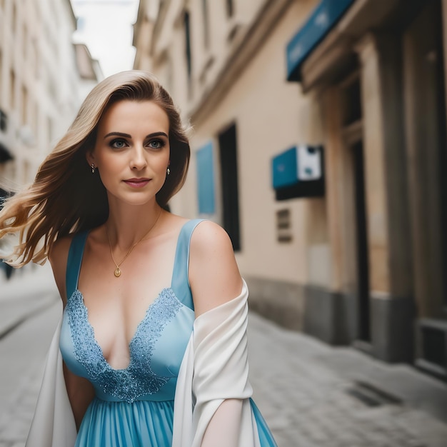 Uma mulher com um vestido azul está na rua com um vestido azul.