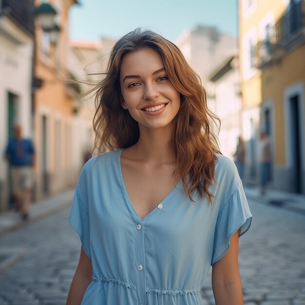 uma mulher com um vestido azul está parada na rua em frente a um prédio com uma camisa azul.