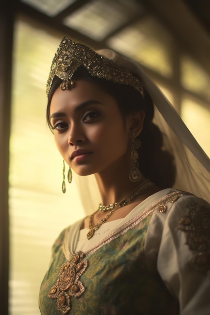 Uma mulher com um vestido branco e um broche de ouro está parada em frente a uma janela.