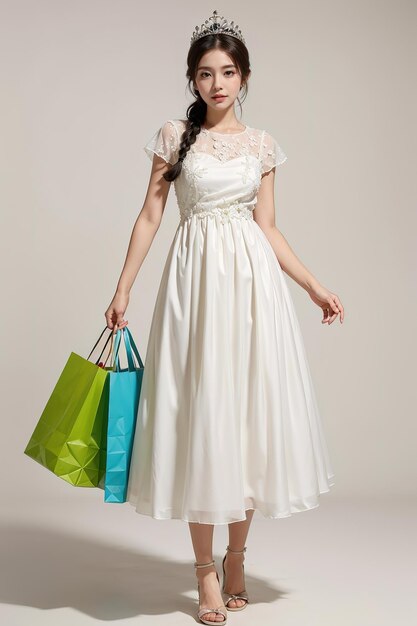 uma mulher com um vestido branco e uma sacola de compras.
