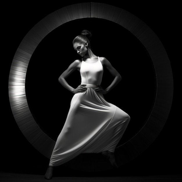 uma mulher com um vestido branco está diante de um grande círculo.