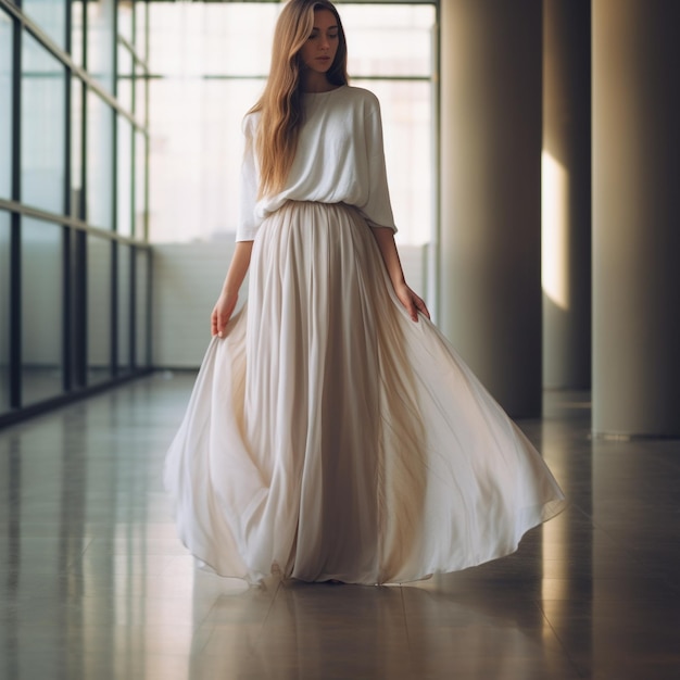 Uma mulher com um vestido branco está em pé em uma sala com uma janela atrás dela.