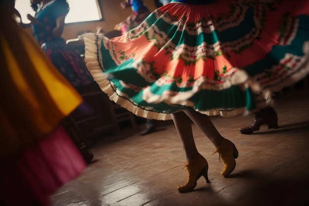 Foto uma mulher com um vestido colorido dança em um estúdio de dança.