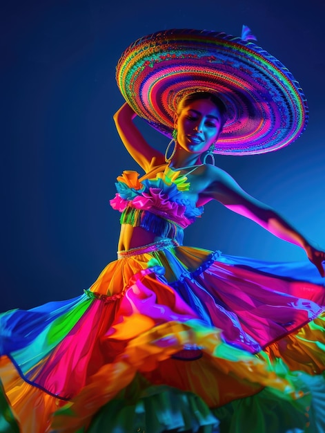 Uma mulher com um vestido colorido está dançando com um sombrero