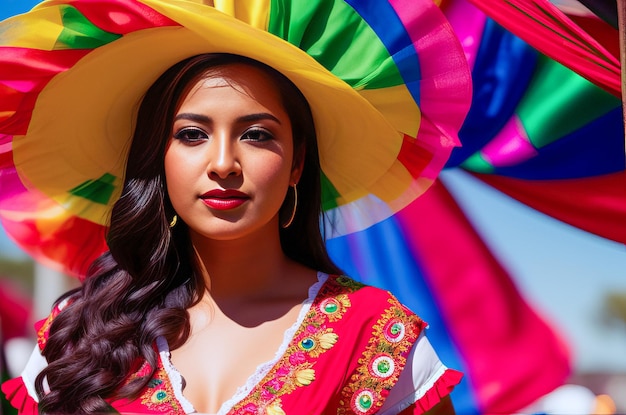 Uma mulher com um vestido colorido está parada em frente a uma bandeira colorida do arco-íris.