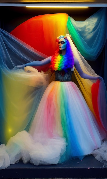 Uma mulher com um vestido de arco-íris está parada na frente de uma cortina de arco-íris.
