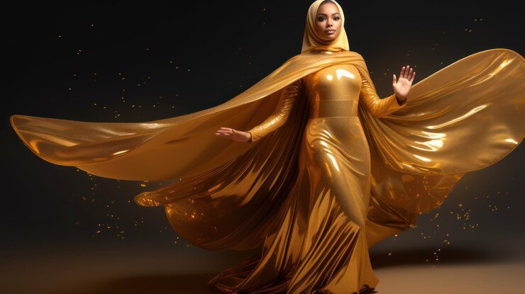 Foto uma mulher com um vestido dourado com um lenço dourado e um lenço dourado.