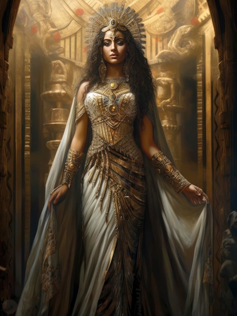 Uma mulher com um vestido dourado fica em frente a uma porta dourada