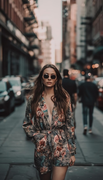 Uma mulher com um vestido floral fica em uma rua em frente a uma rua com carros e uma mulher usando óculos escuros.