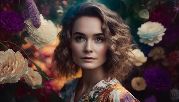 Uma mulher com um vestido florido e flores no cabelo