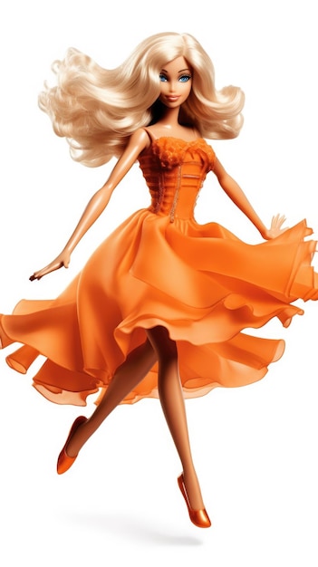 Uma mulher com um vestido laranja e cabelos longos está dançando com um vestido laranja.